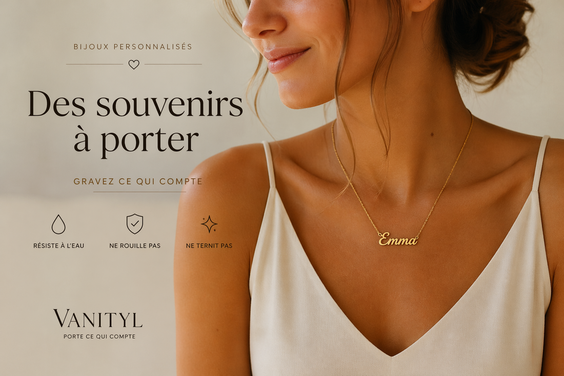 Collier personnalisé pour maman avec gravure discrète, présenté comme idée cadeau pour femme