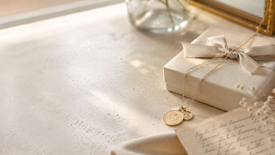 Bijou personnalisé doré posé sur une boîte cadeau, accompagné d’un extrait émotionnel sur les cadeaux pour une maman et les souvenirs qui restent près du cœur.