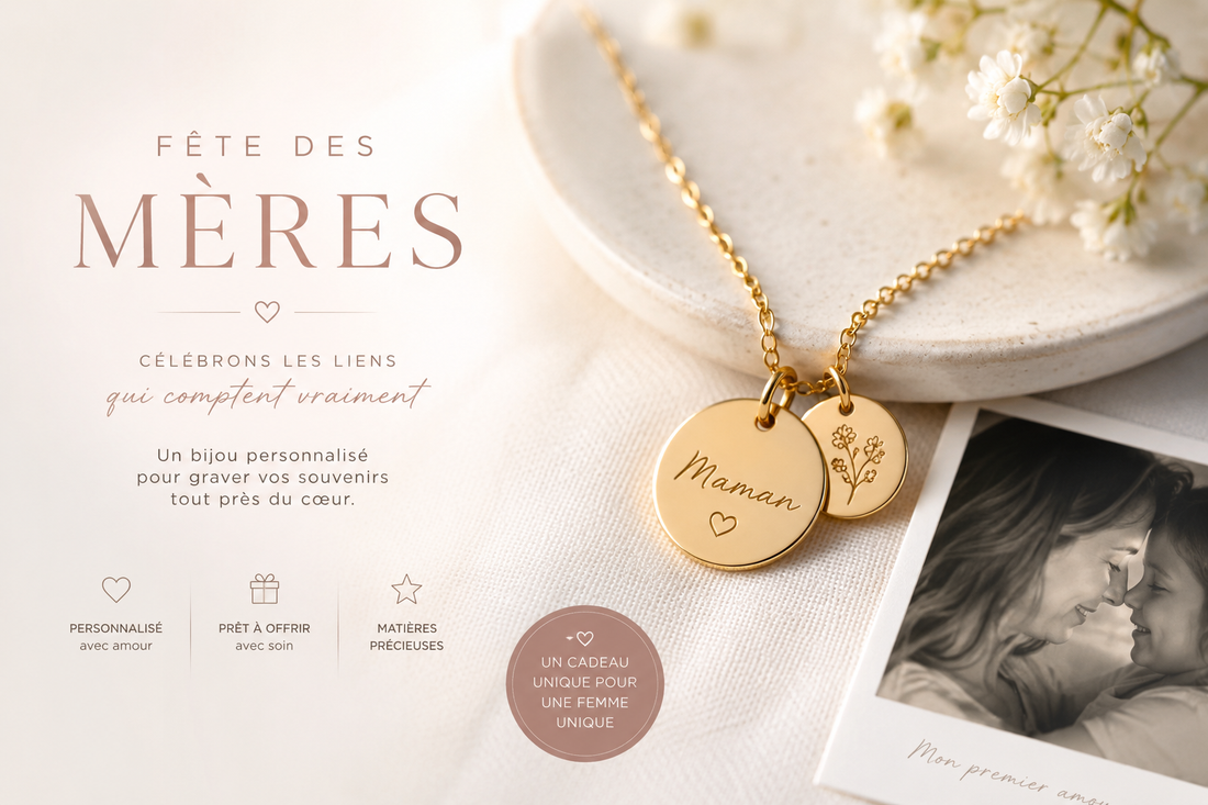 Bijou personnalisé élégant offert pour la Fête des Mères avec gravure discrète et style raffiné