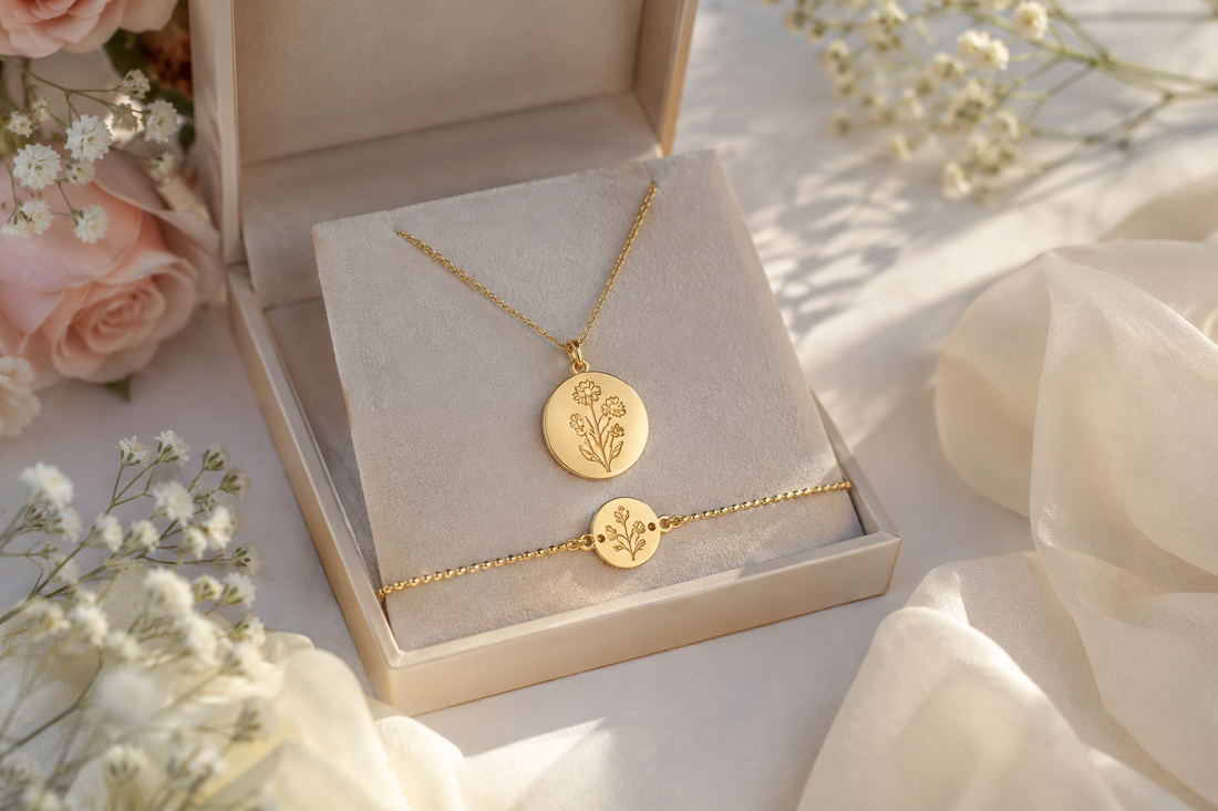 Bijoux personnalisés élégants pour la Fête des Mères avec collier gravé et bracelet fin dans une ambiance cadeau premium