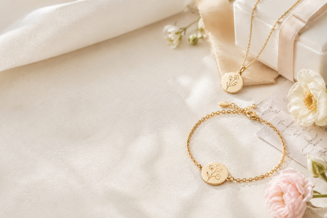 Bijoux personnalisés dorés posés sur un tissu ivoire avec boîte cadeau, carte manuscrite floutée et fleurs printanières, dans une ambiance douce et élégante pour illustrer un cadeau de Fête des Mères.