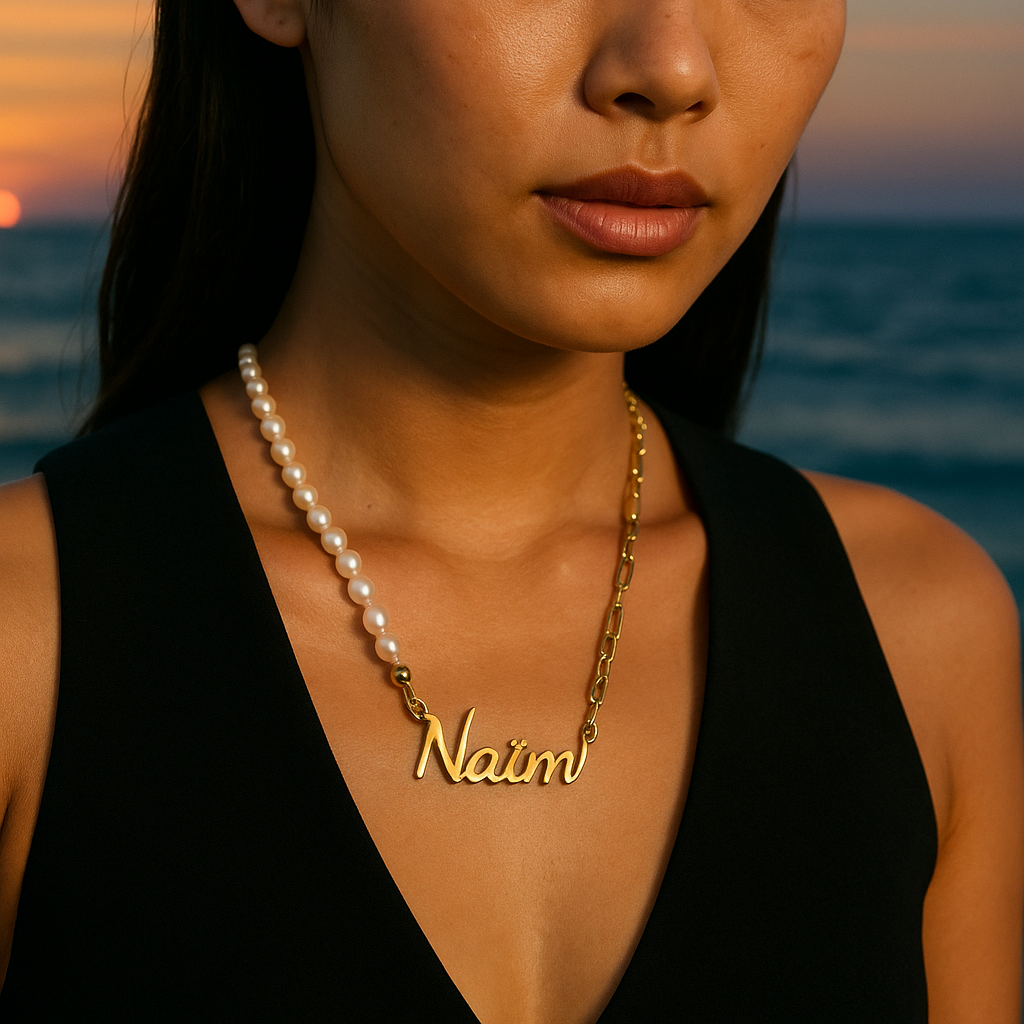 Collier Prénom Personnalisé de Luxe en Or 18K et Perles